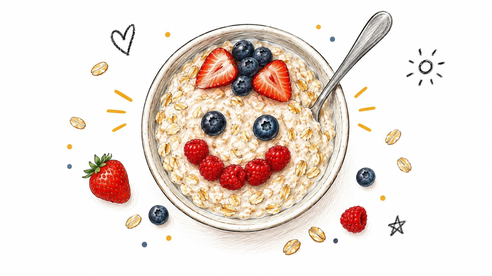 A playful bowl of oatmeal decorated with fresh berries forming a happy smiley face for children.