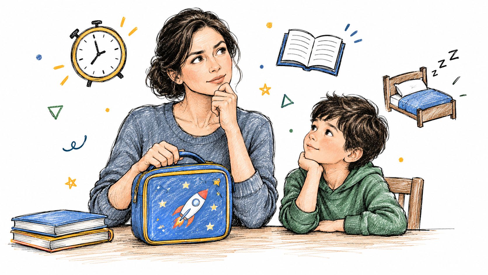 A sketched illustration of a mother and her young son thoughtfully contemplating daily routines and school activities.