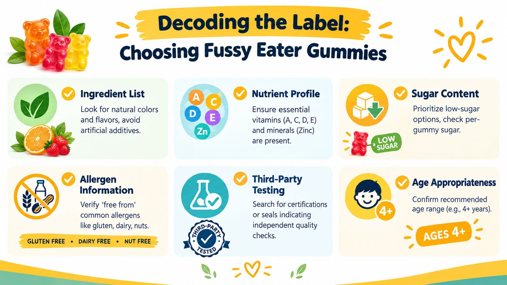An infographic titled Decoding the Label for Choosing Fussy Eater Gummies, listing six key factors to consider.