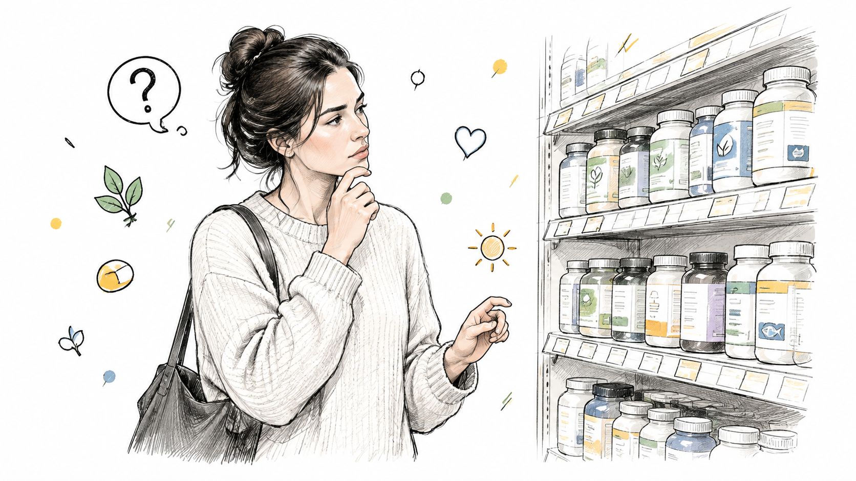 A thoughtful woman wearing a sweater standing in front of store shelves filled with various supplement bottles.
