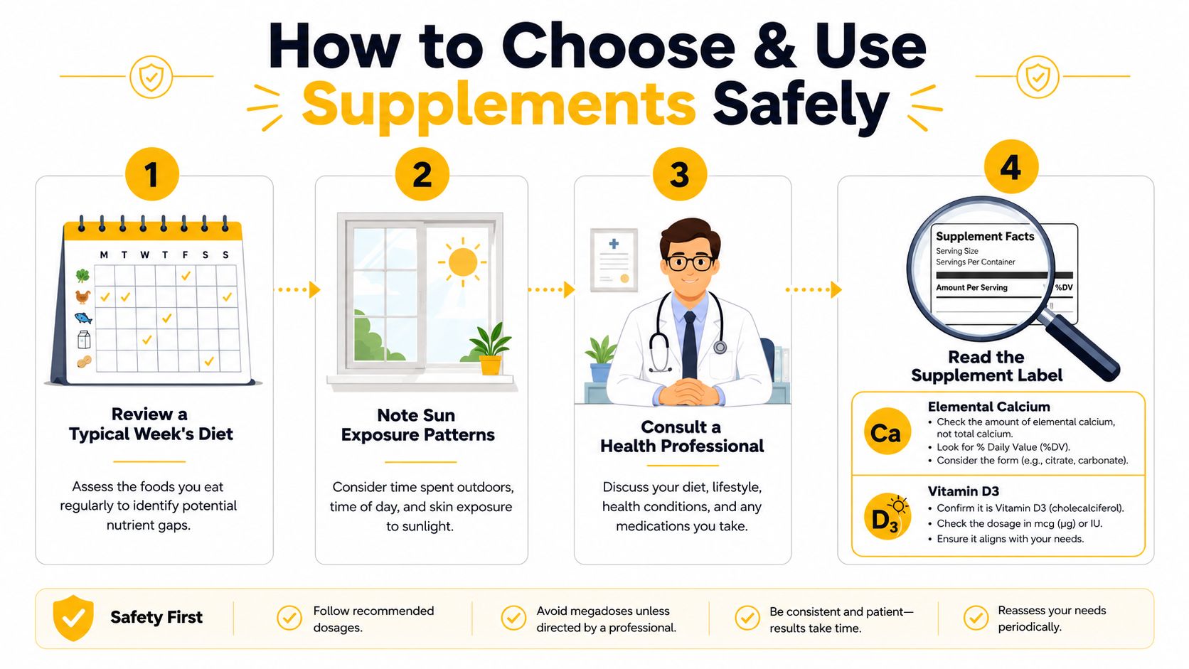 An infographic showing four steps for safely choosing and using calcium and vitamin D3 supplements daily.