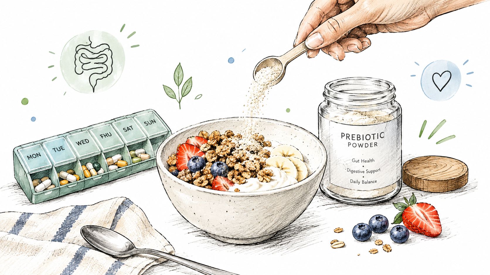 A hand sprinkling prebiotic powder over a breakfast bowl of granola with fresh strawberries and blueberries.