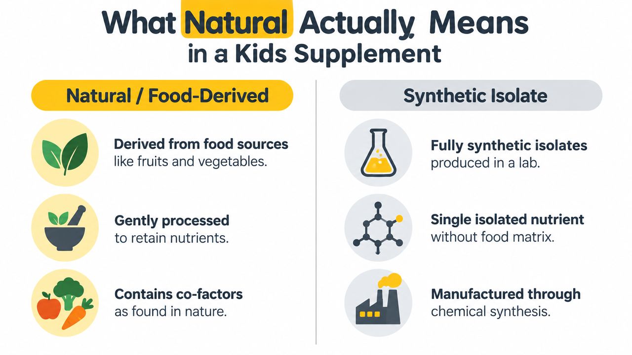 A comparison chart explaining the difference between natural food-derived nutrients and synthetic isolate supplements for children.