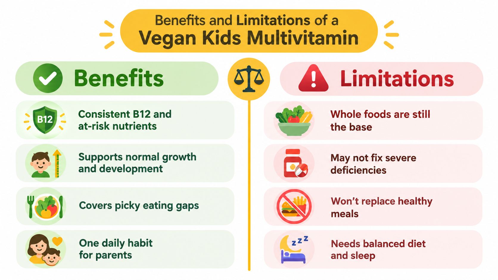 A comparison chart outlining the key benefits and limitations of using a vegan multivitamin for children.