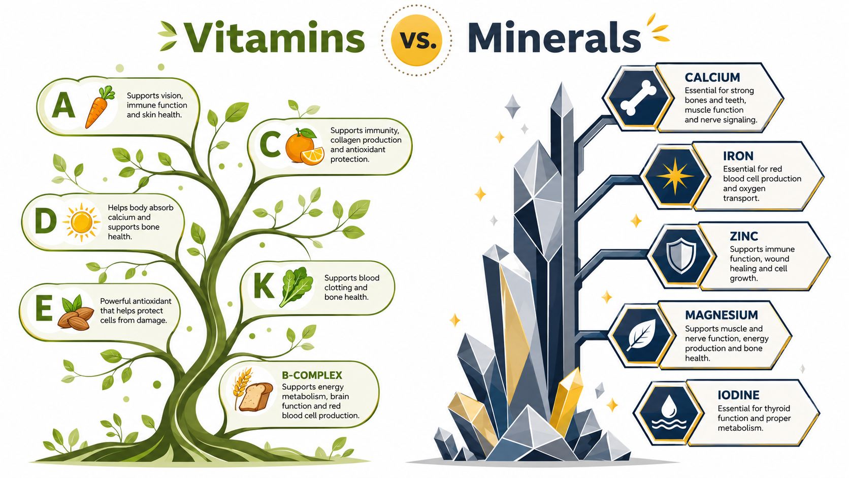 An educational infographic comparing essential vitamins on a tree and minerals on a crystal formation.