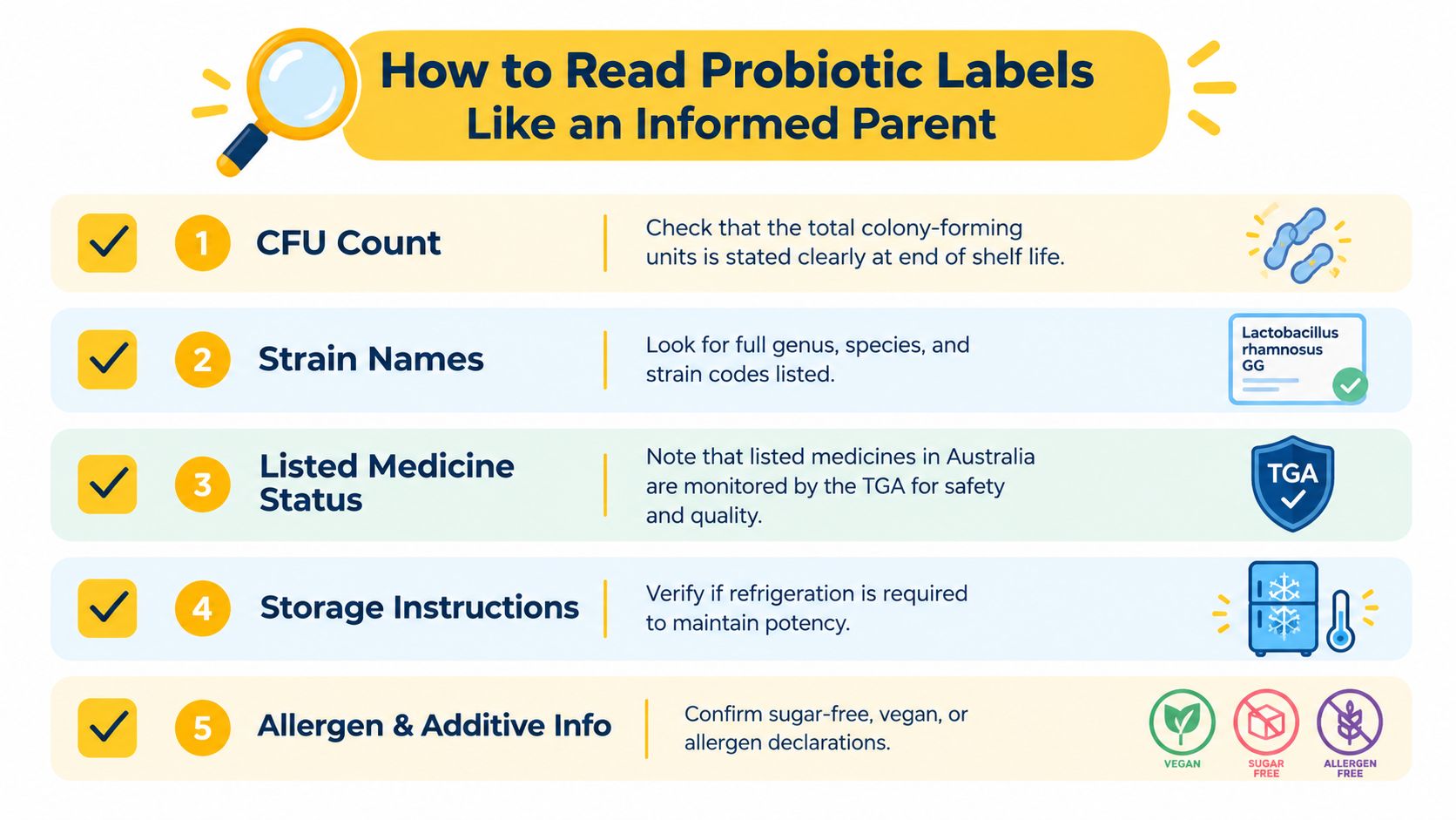 An infographic titled How to Read Probiotic Labels guiding parents on checking CFU counts, strains, and storage.