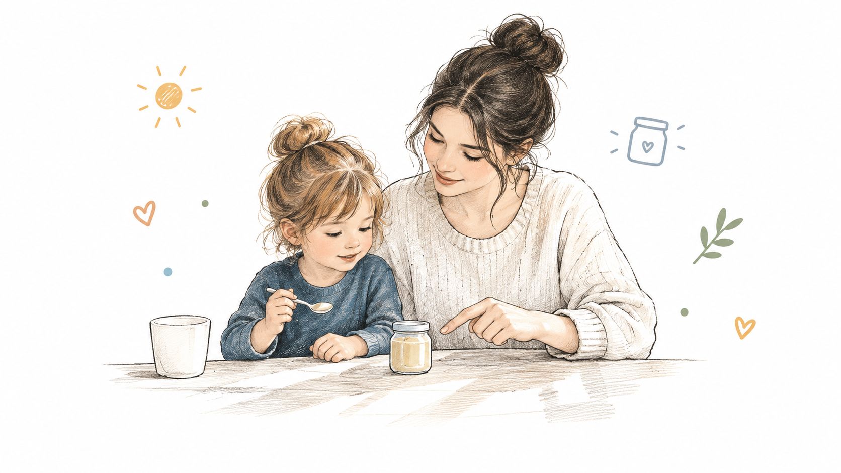 A loving mother and her young daughter sitting at a table sharing a healthy snack together.