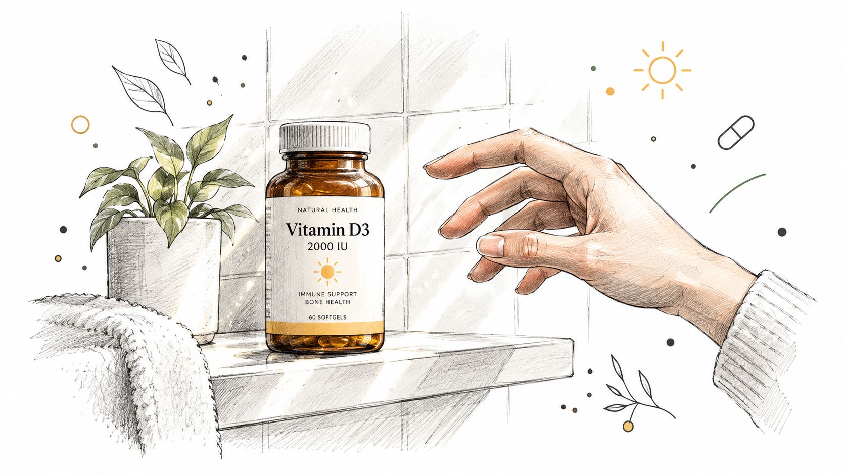 A hand reaching for a bottle of Vitamin D3 supplements on a shelf next to a plant.