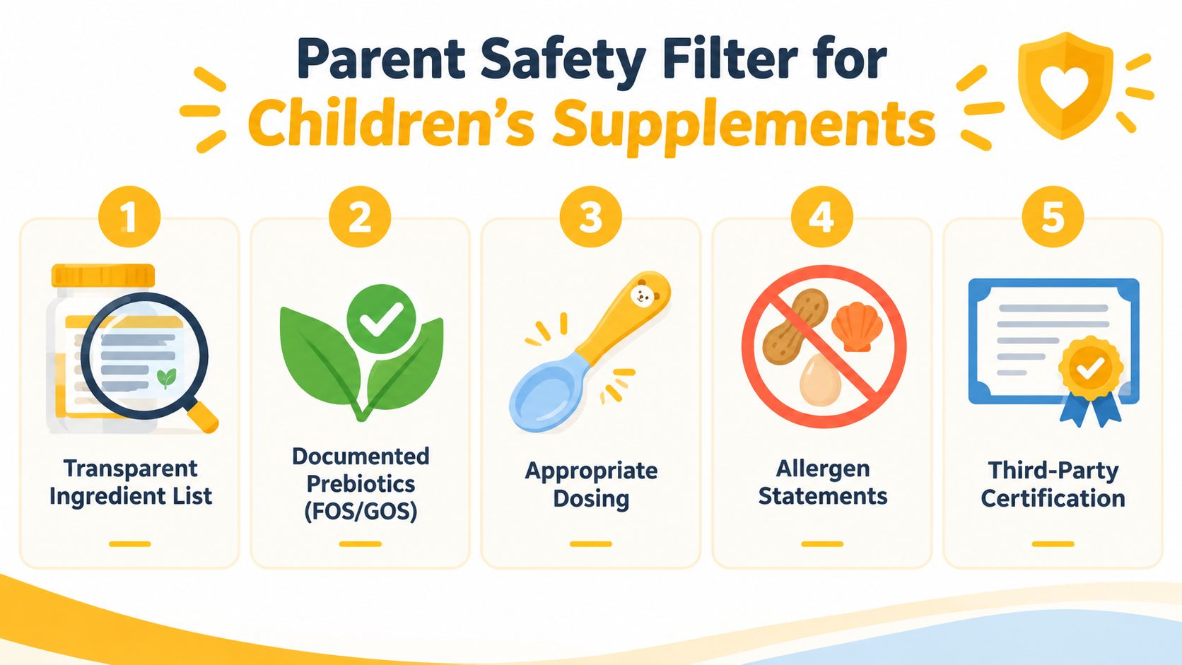 A safety filter checklist for choosing children's nutritional supplements, highlighting ingredients, prebiotics, dosing, allergens, and certifications.