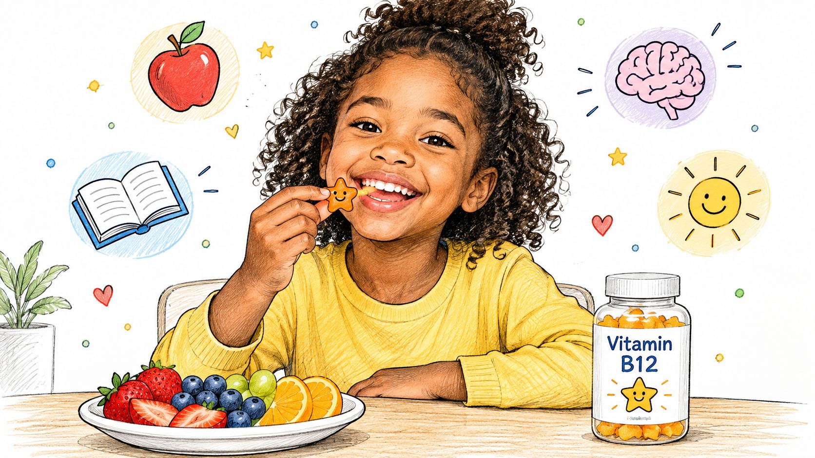 A young girl smiling while eating a star-shaped vitamin B12 gummy next to a plate of fresh fruit.