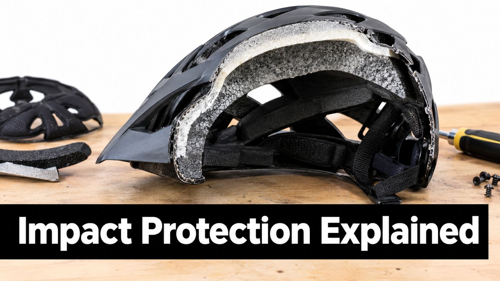 A cutaway view of a bicycle helmet on a wooden table, demonstrating its internal protective foam structure.