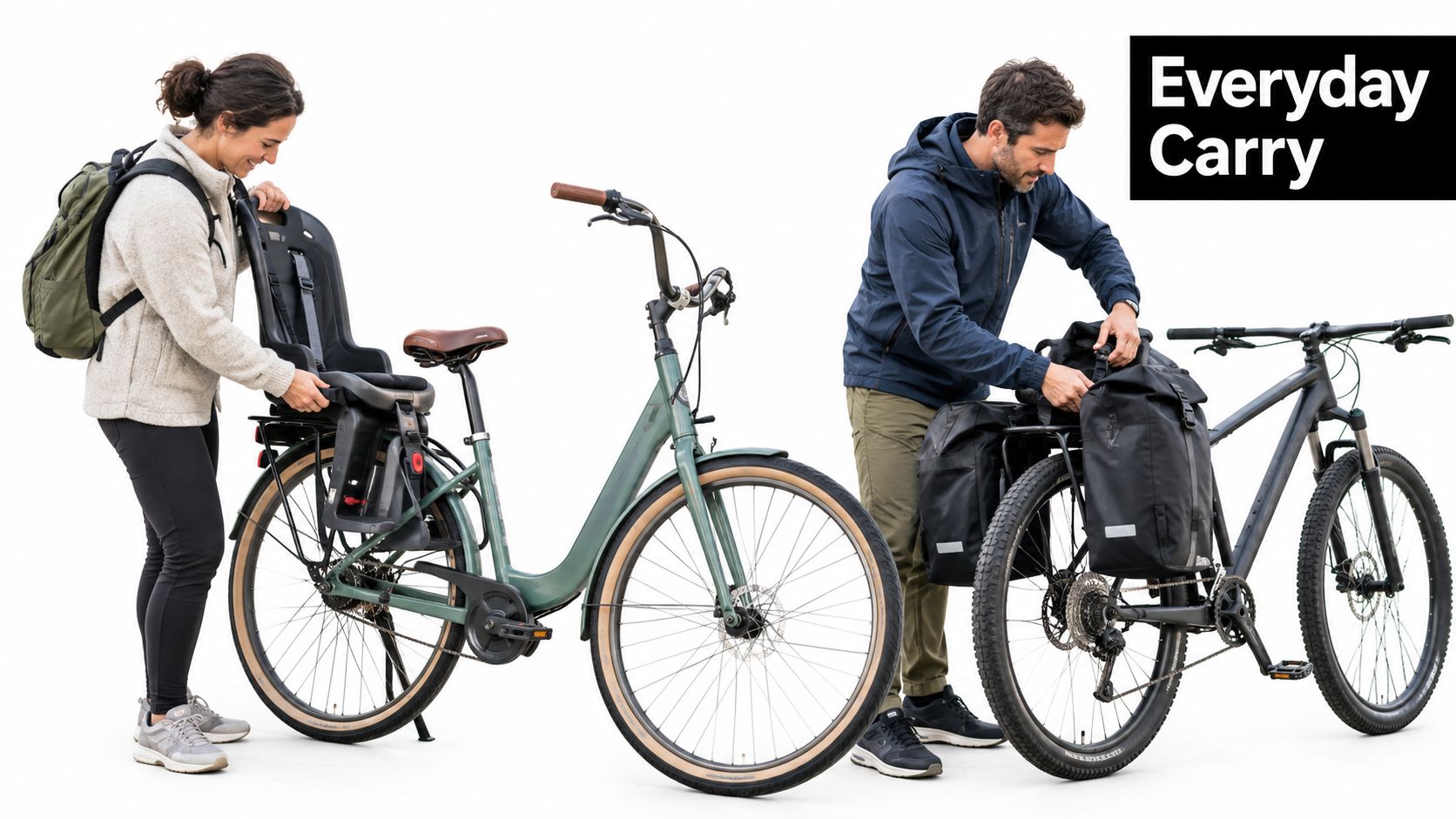 A woman and a man preparing their bicycles equipped with rear racks for daily commuting and carrying gear.