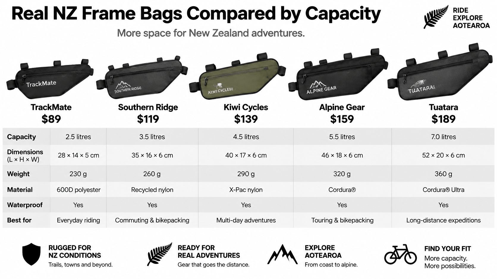 A comparison chart of five different bicycle frame bags featuring capacity, dimensions, weight, material, and price.