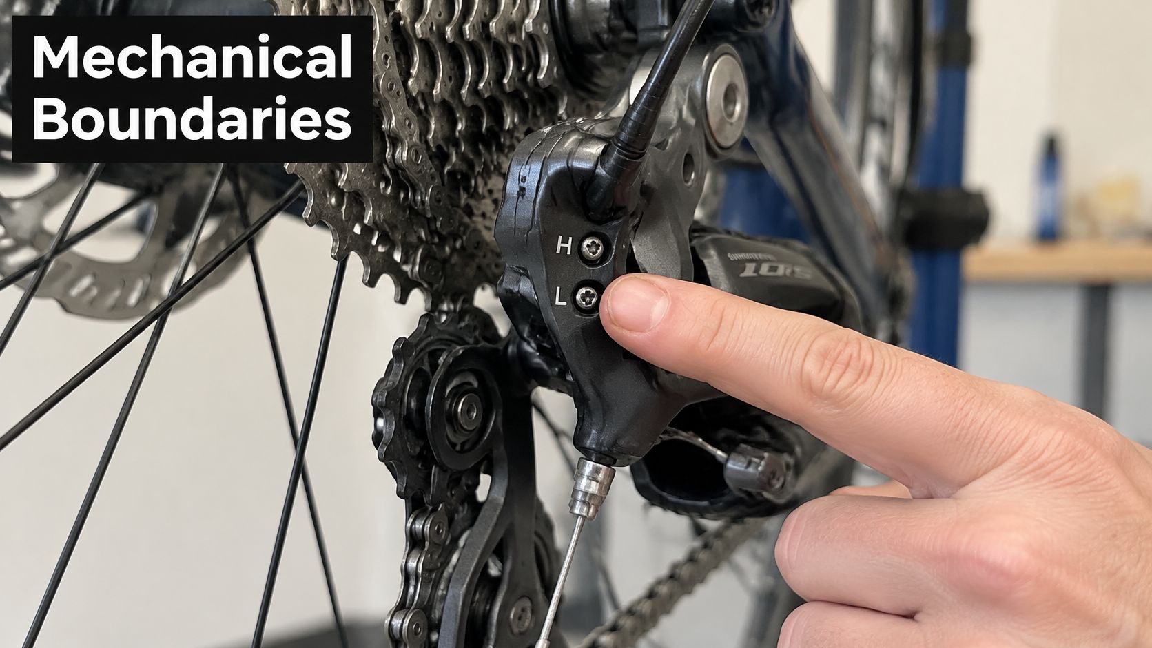 A close-up view of a person adjusting the limit screws on a bicycle rear derailleur mechanism.
