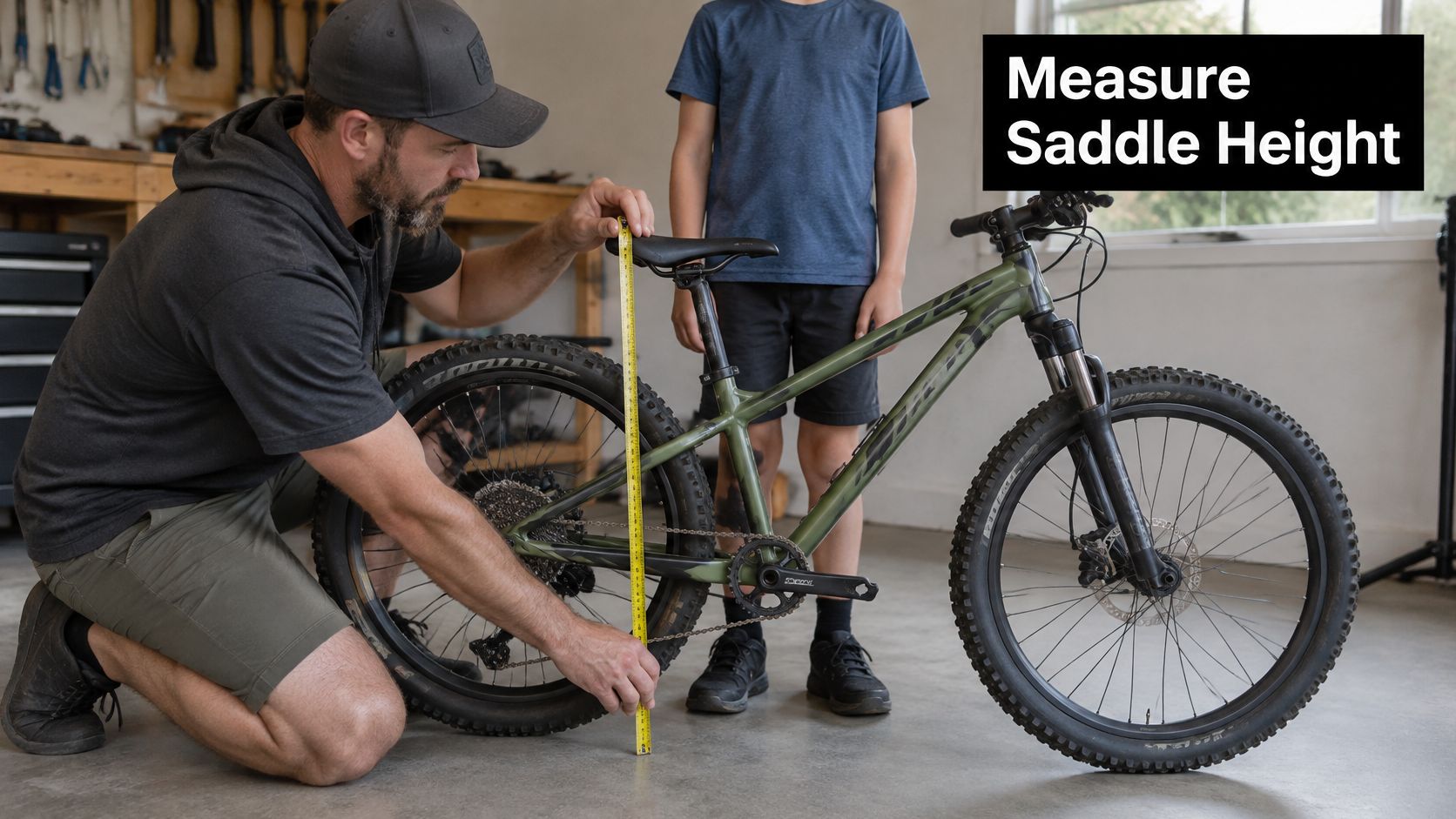 A man measures the saddle height of a mountain bike for a young boy in a workshop.