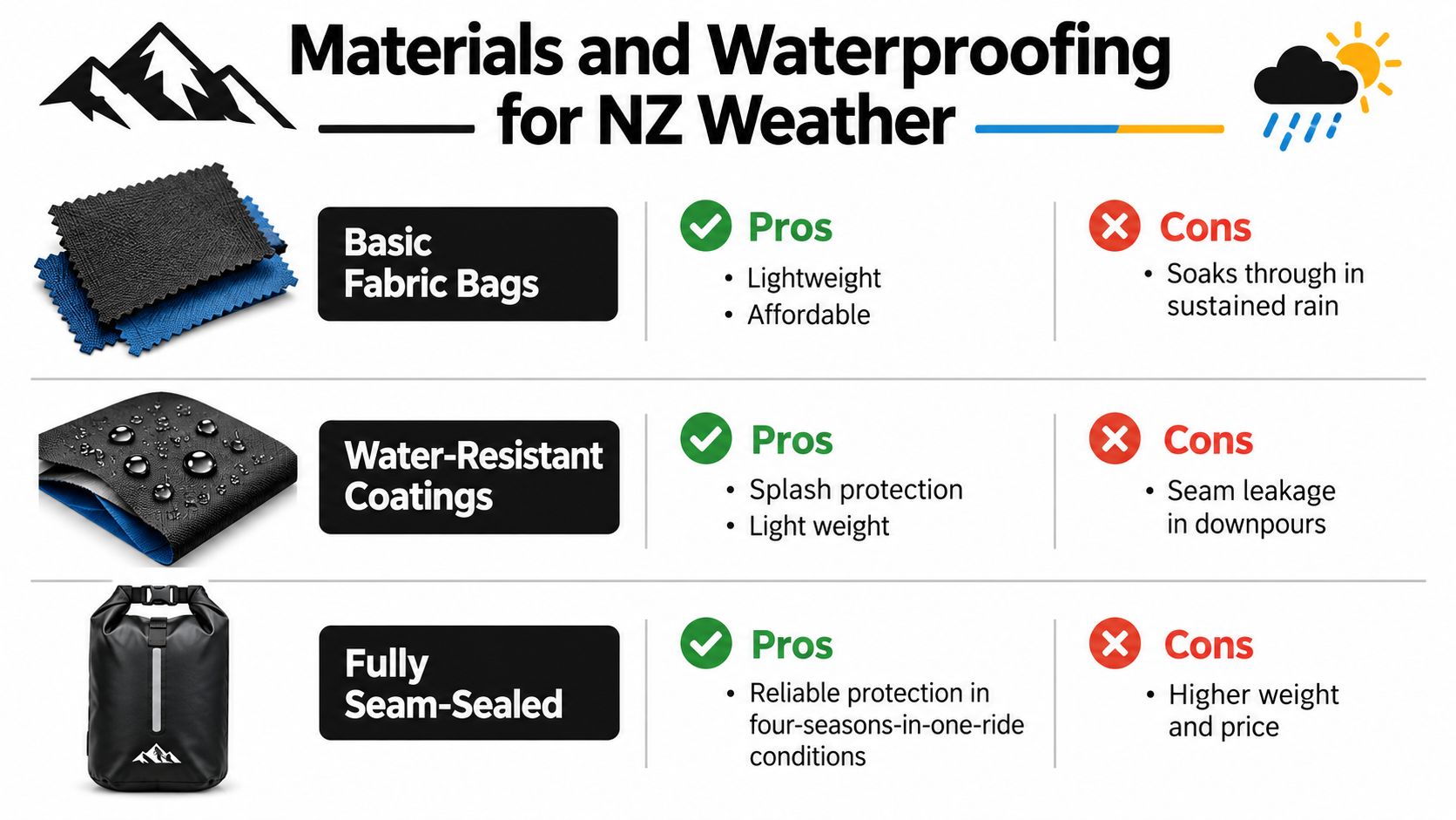 A comparison chart explaining the pros and cons of different bag materials for wet New Zealand weather conditions.
