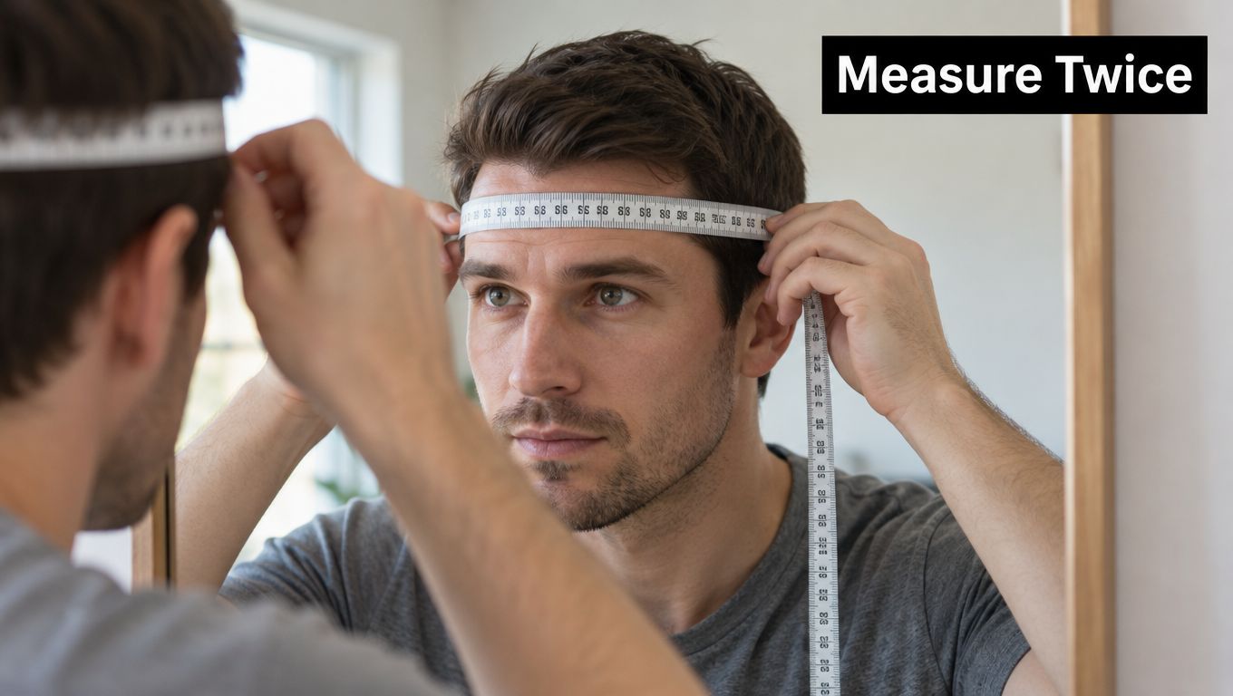 A man looking in a mirror while using a measuring tape to find his head circumference size.
