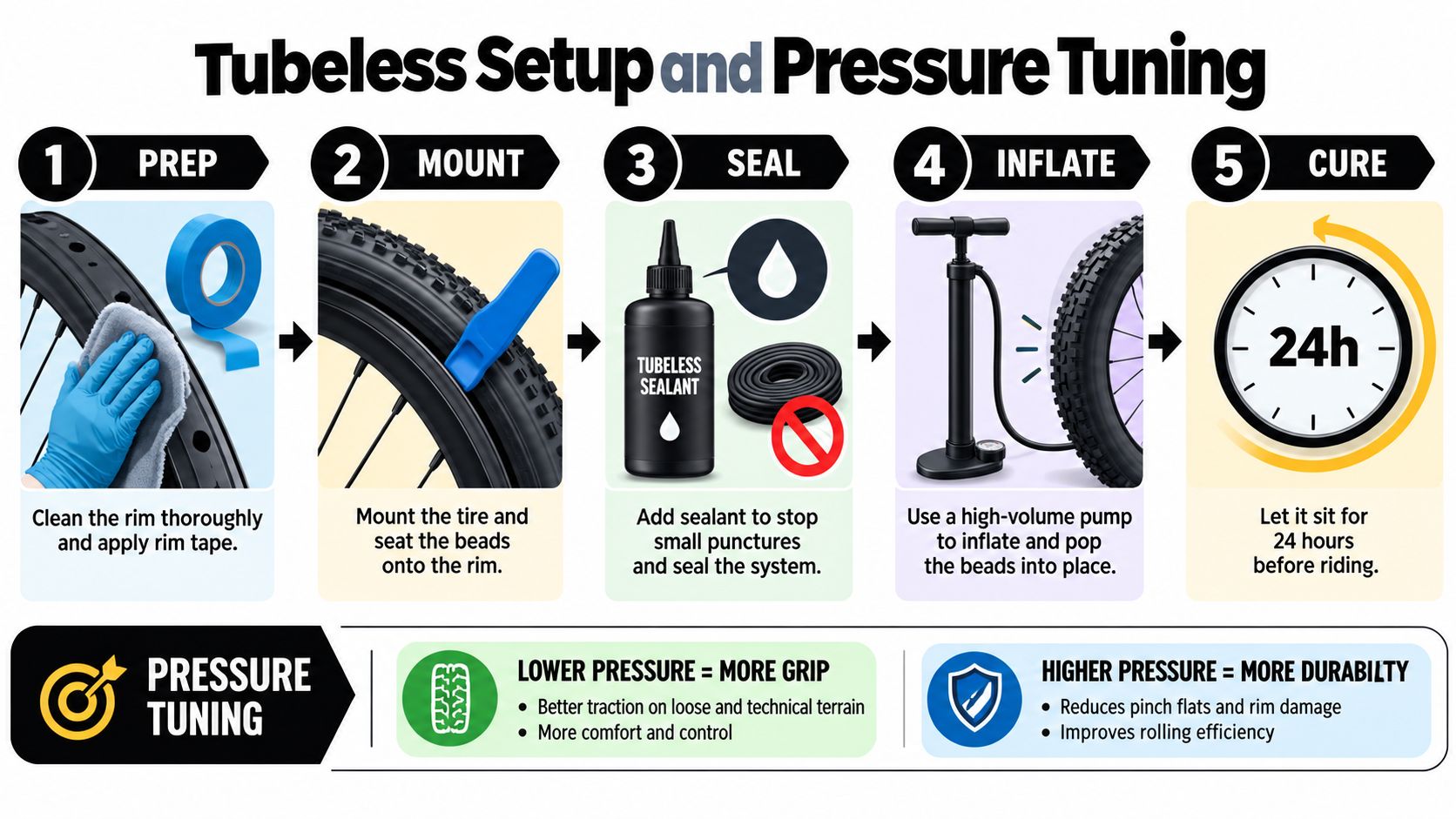 A five-step guide for setting up tubeless mountain bike tires including rim preparation, sealing, and pressure tuning tips.