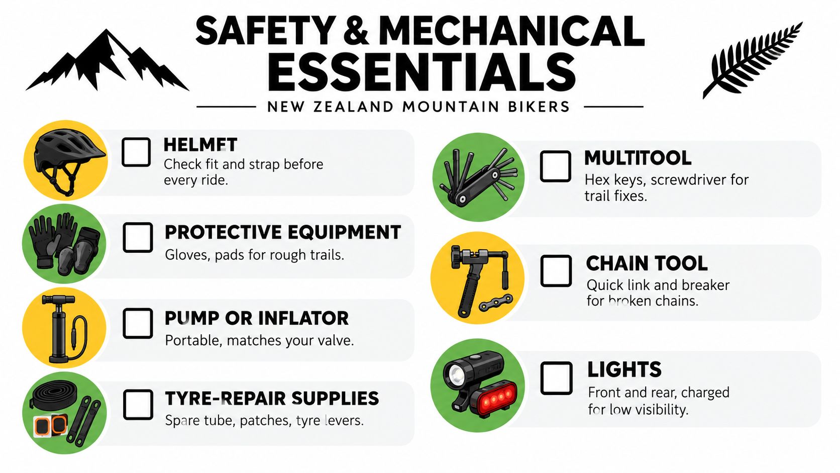 A checklist infographic illustrating essential safety and mechanical gear for New Zealand mountain bikers to carry.