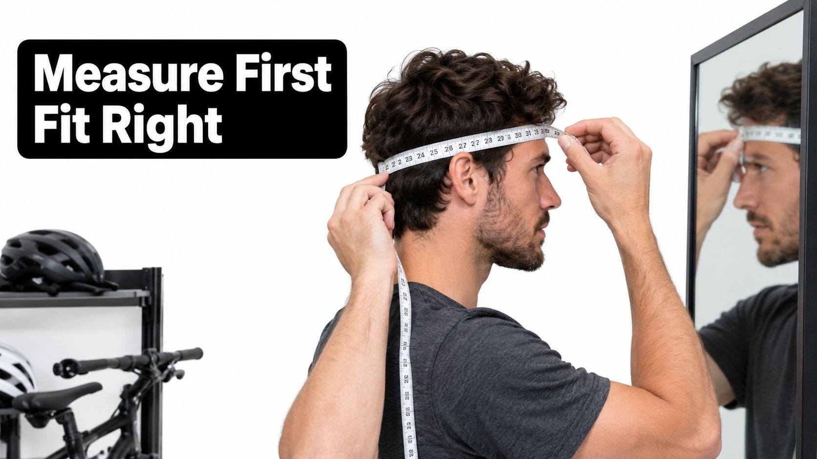 A man measuring his head circumference with a tape measure to ensure a proper bike helmet fit.
