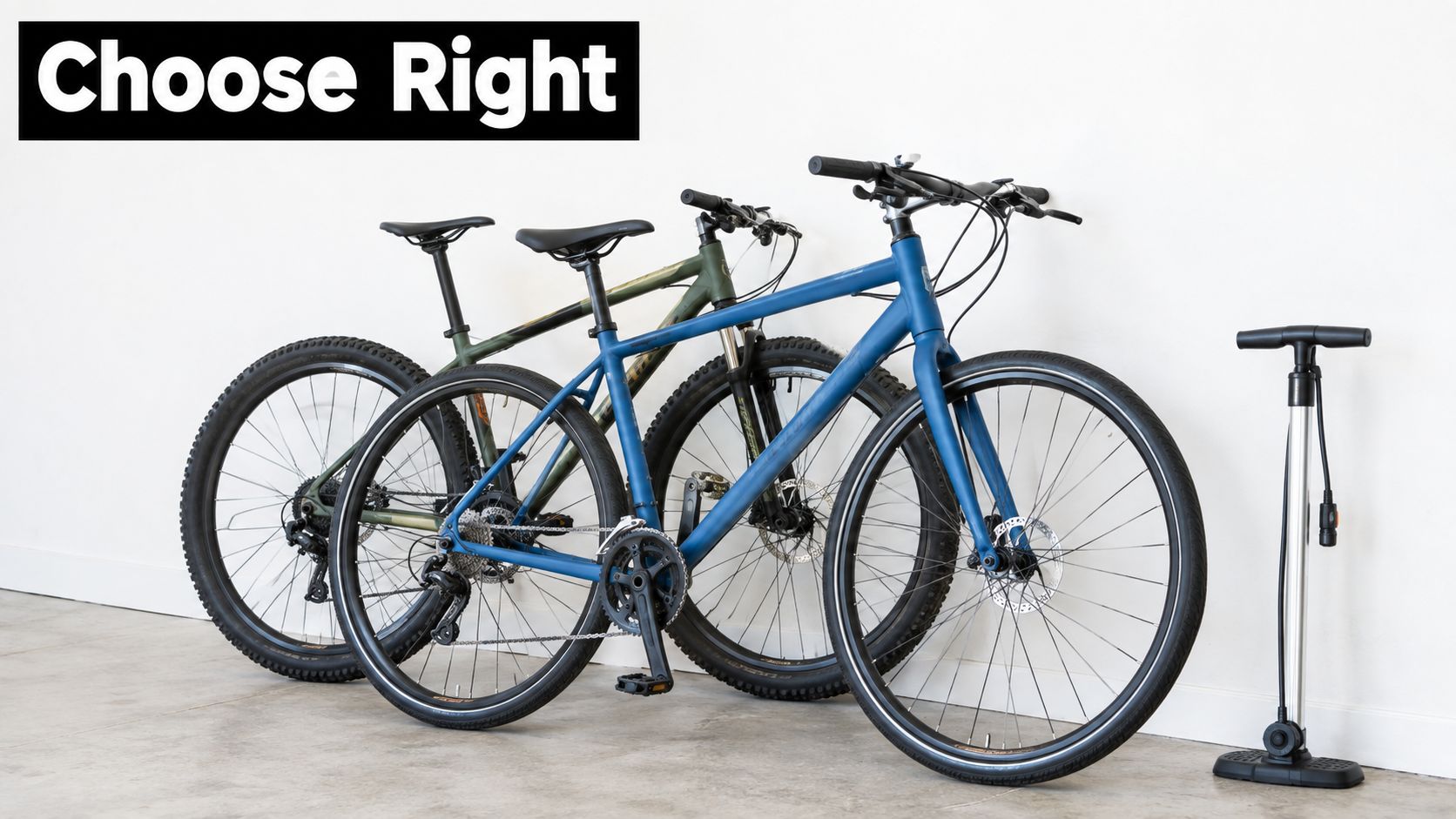 A blue city bike, a green mountain bike, and a standing floor air pump on a floor.