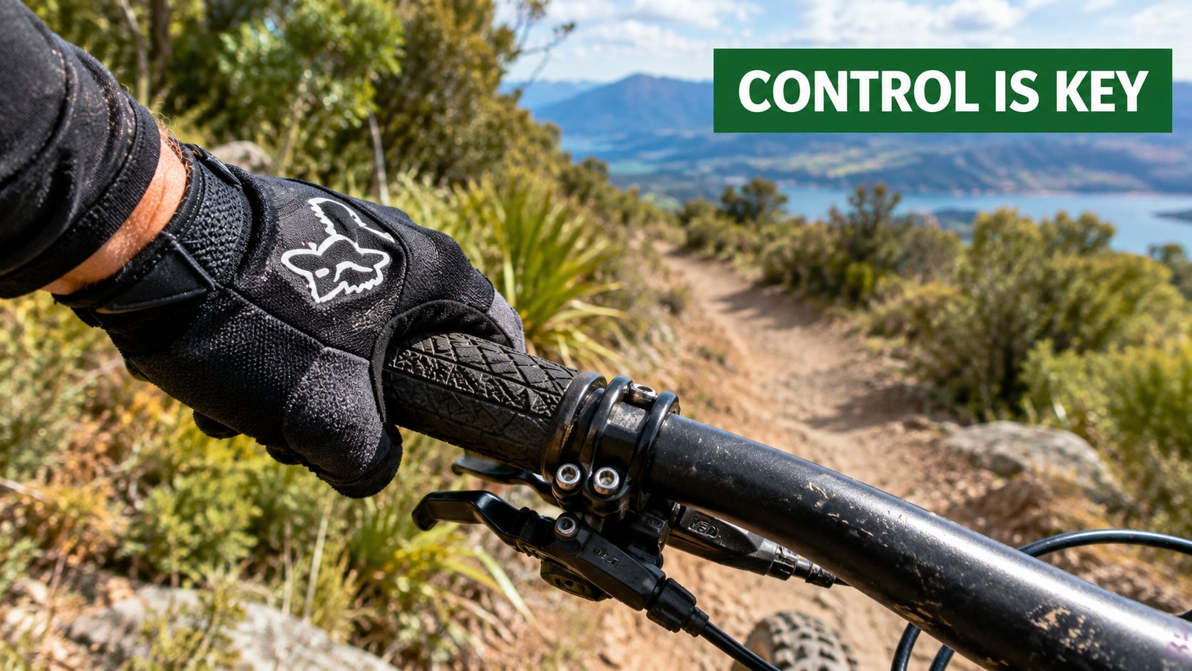A close-up view of a hand wearing a Fox mountain bike glove gripping handlebar grips outdoors.
