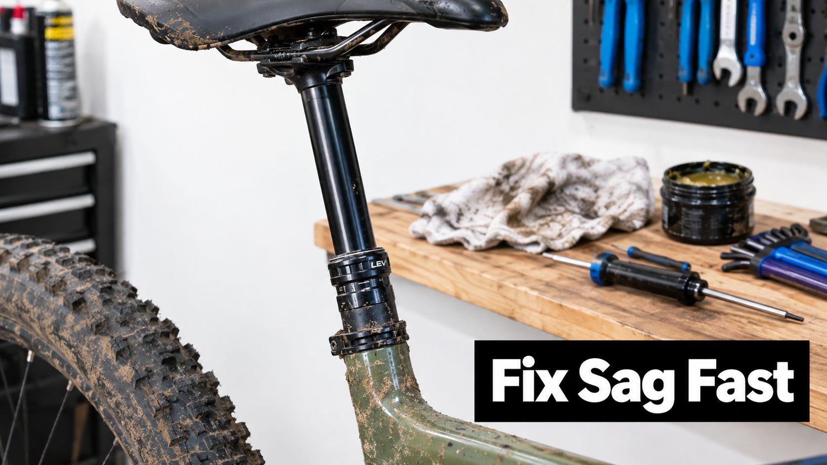 A close-up view of a muddy mountain bike dropper post inside a workshop for maintenance.