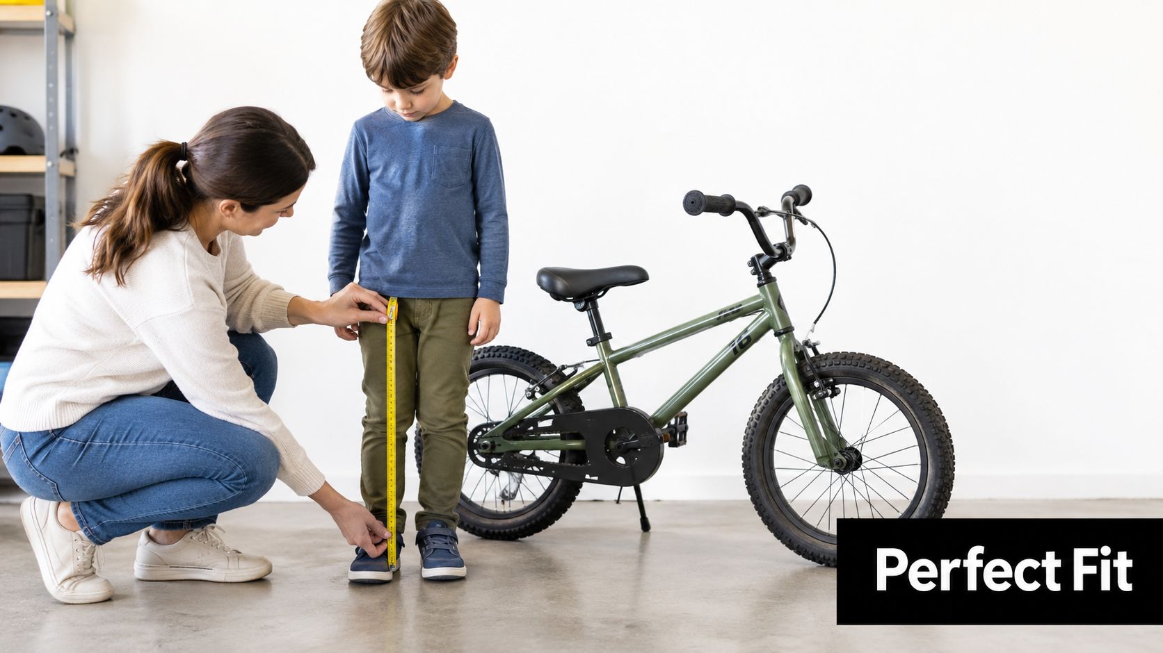 A mother measures her young son's leg length with a tape measure to ensure a proper bike fit.
