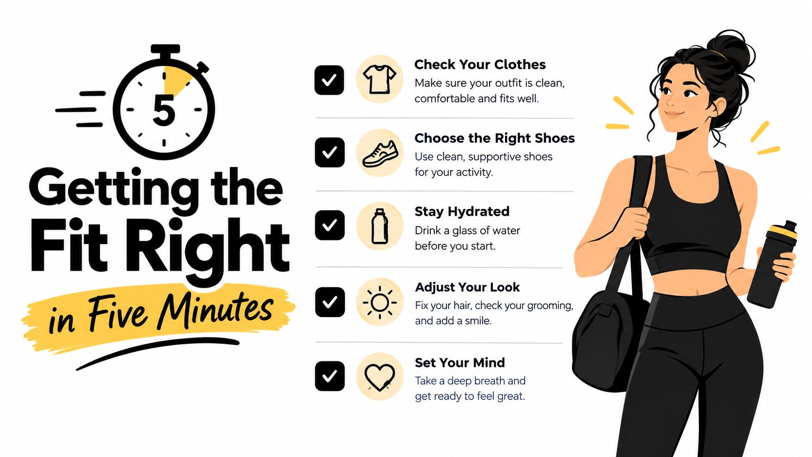 A woman getting ready for a workout with a five-minute checklist for clothes, shoes, water, and mindset.