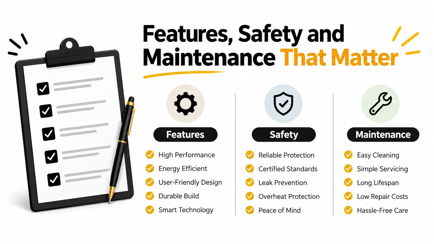 A checklist infographic illustrating key product features, safety standards, and maintenance benefits with icons and bullet points.