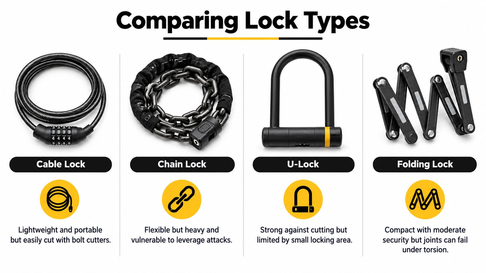 A comparison chart showing four different types of bicycle locks: cable, chain, U-lock, and folding lock.