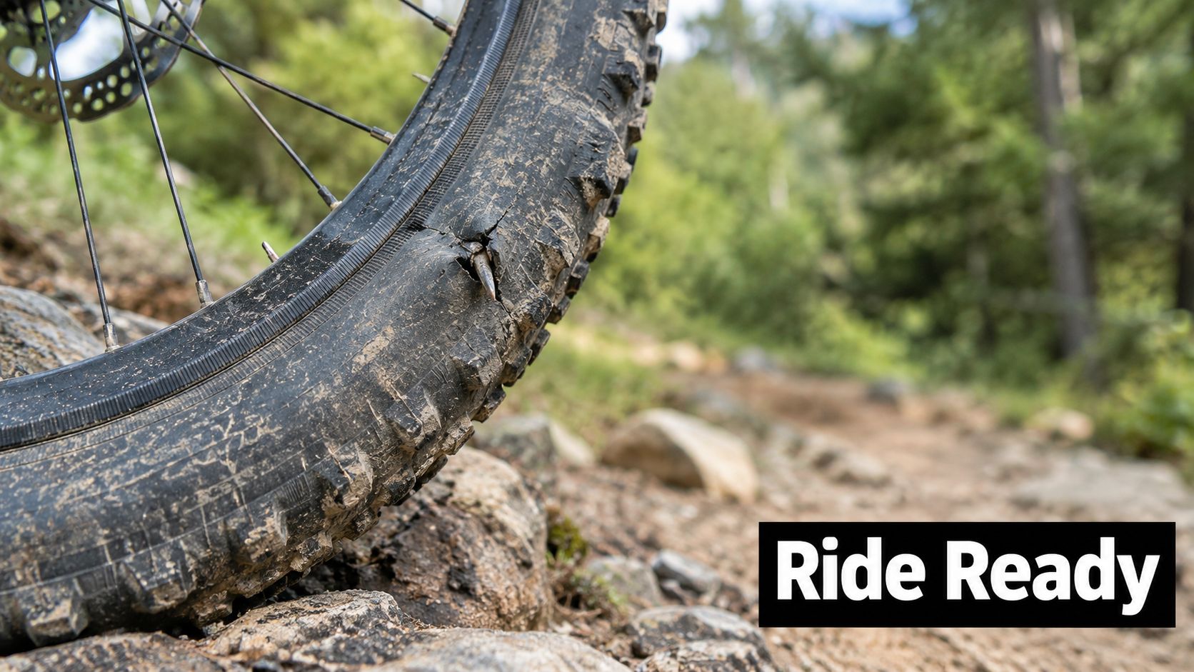 A close up view of a mountain bike tire with a sharp rock piercing the rubber tread.
