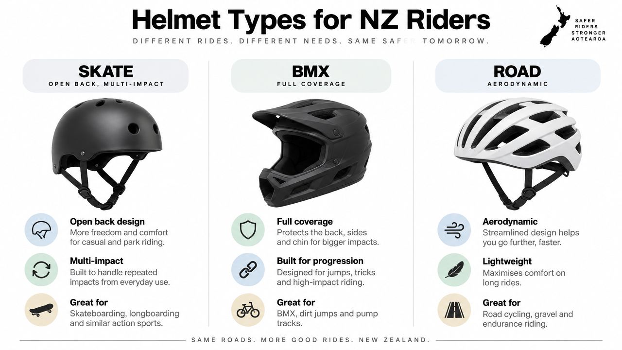 A comparison chart of different helmet types for NZ riders, covering skate, BMX, and road helmets.