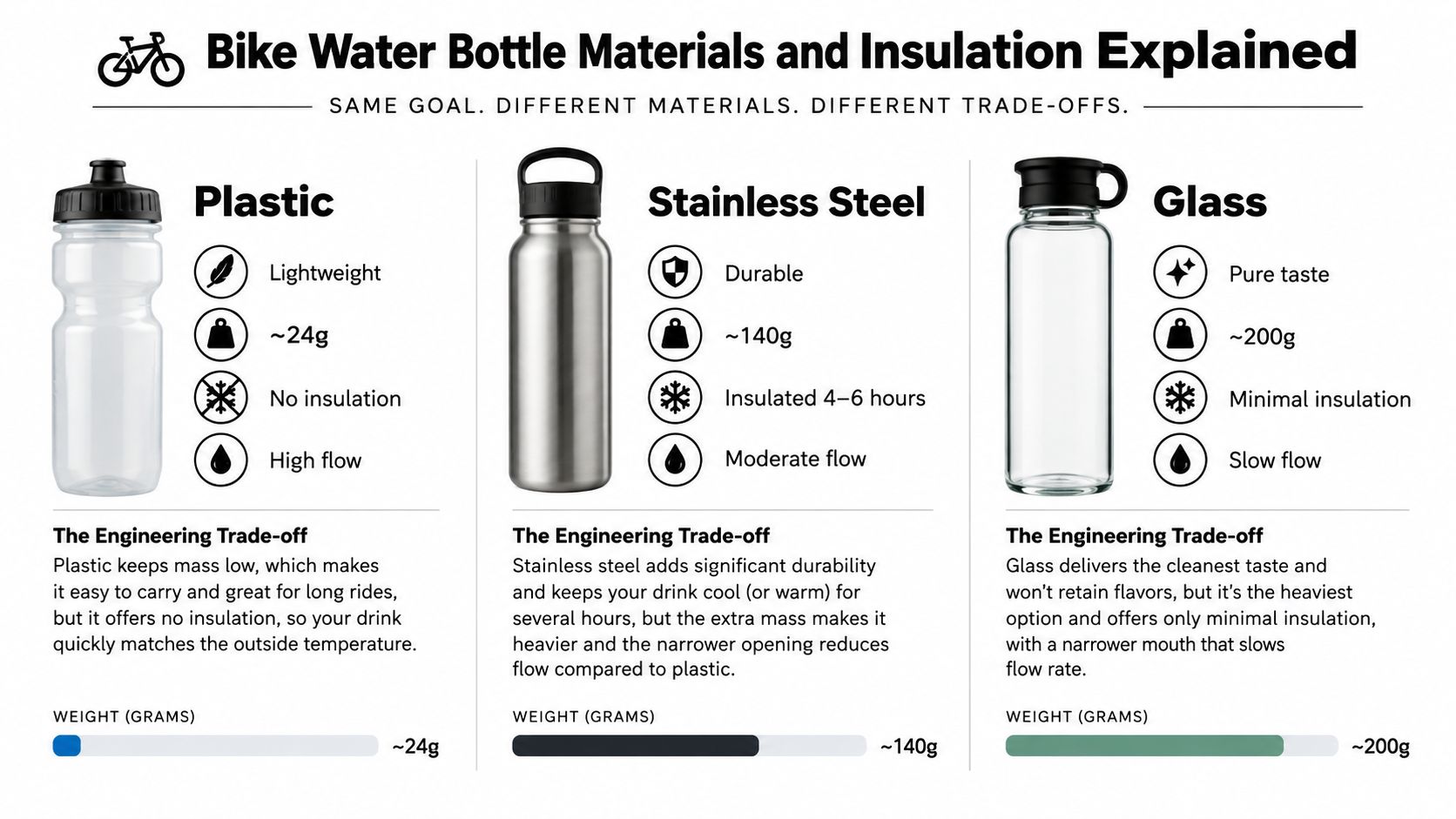 A comparison chart showing the materials, weight, insulation, and flow rates for plastic, stainless steel, and glass bike water bottles.
