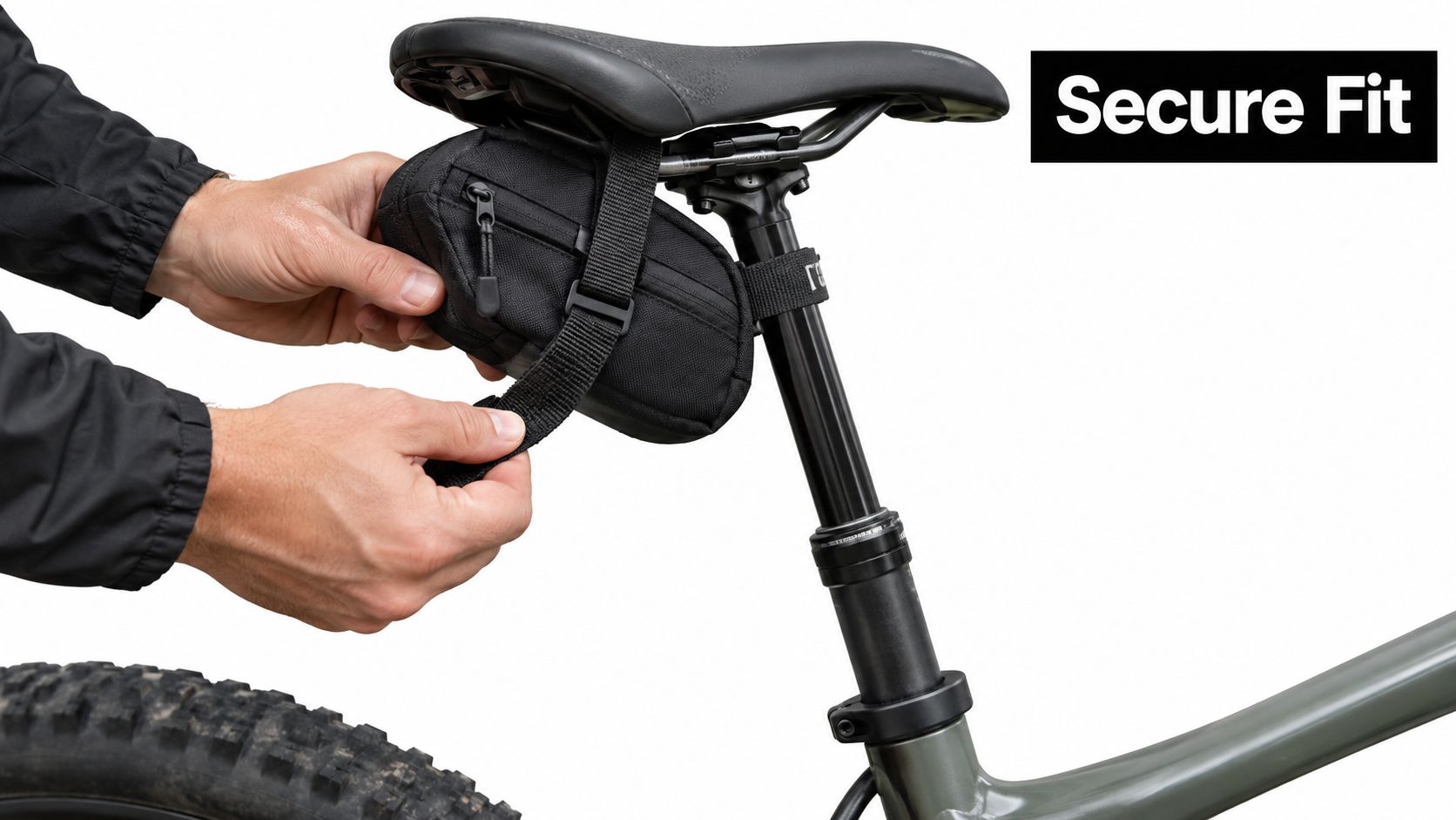 A person tightening a black bicycle saddle bag securely attached under a bike seat.