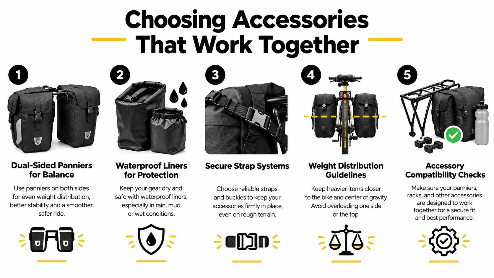 A five-step guide on choosing compatible bike accessories, including panniers, liners, straps, and weight distribution tips.