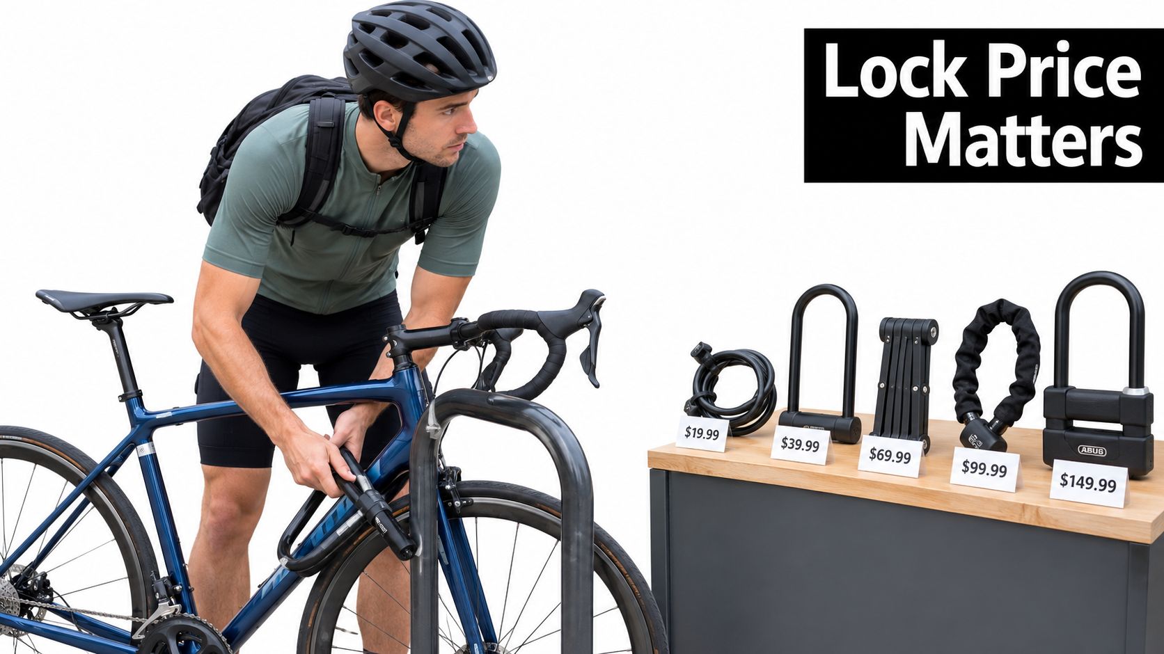 A cyclist looking at different bike lock options priced on a display shelf in a shop.