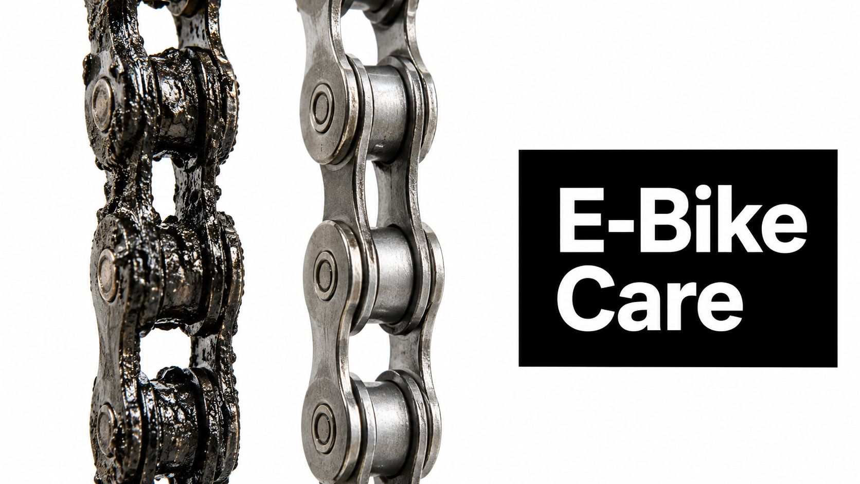 A split image showing a dirty, greasy bicycle chain beside a clean, shiny one for bike maintenance.