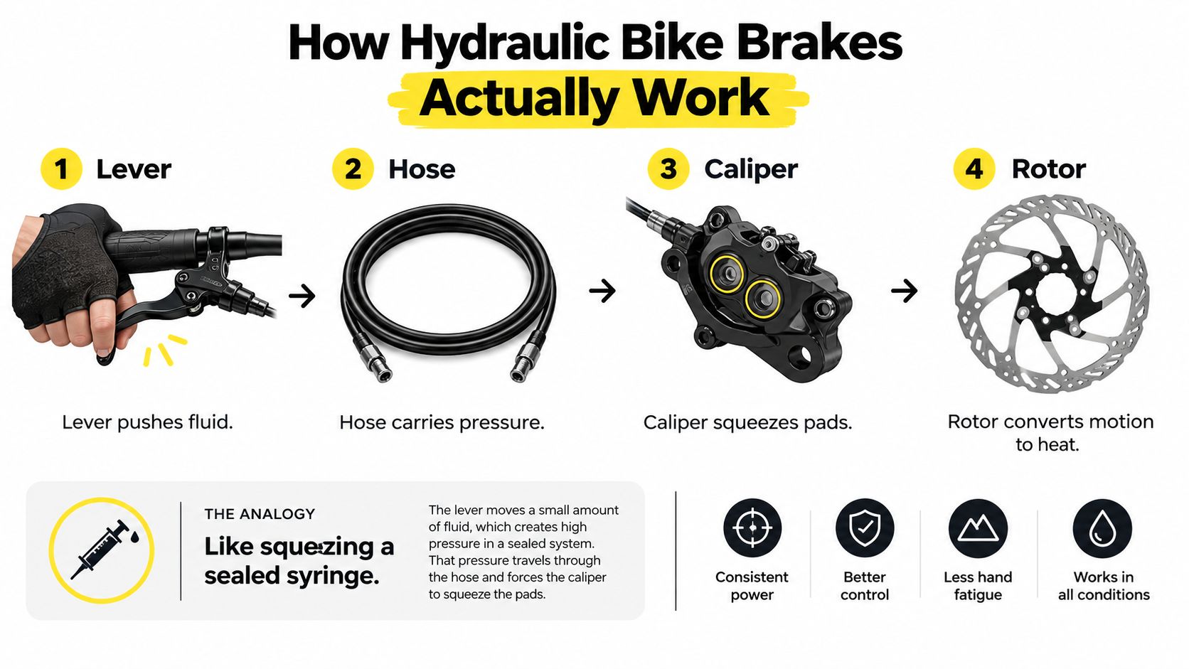 A diagram illustrating the four main components of a hydraulic bike brake system and how they function.