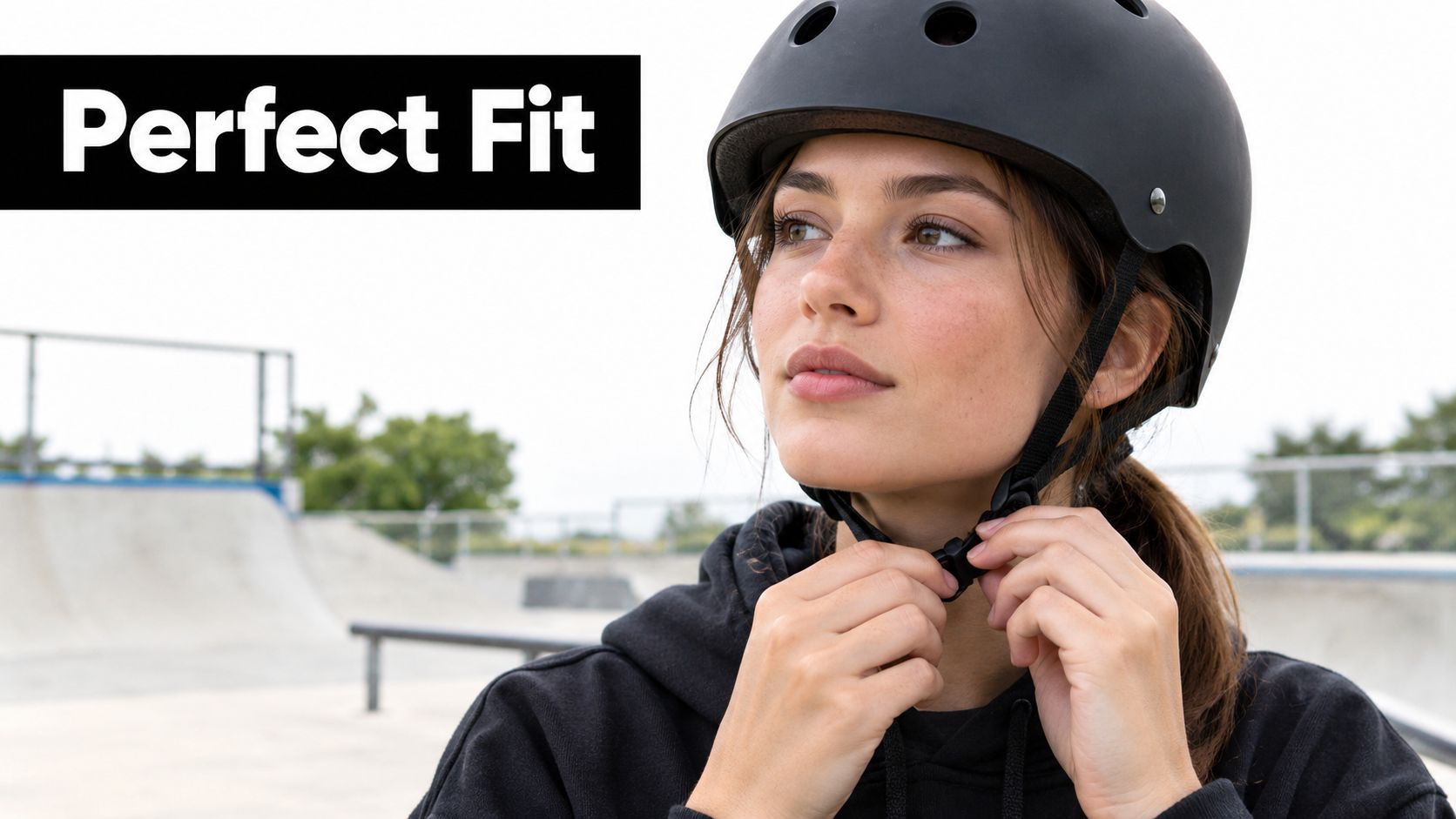 A woman wearing a protective black skate helmet while securing the chin strap at a skatepark.