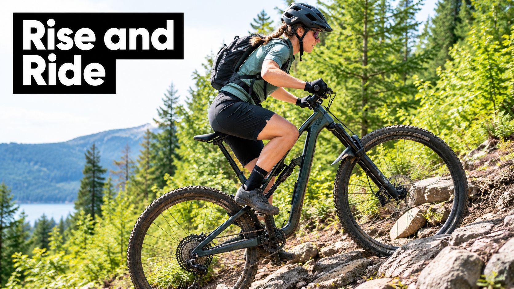 A female cyclist riding a mountain bike on a rocky trail during a sunny day.