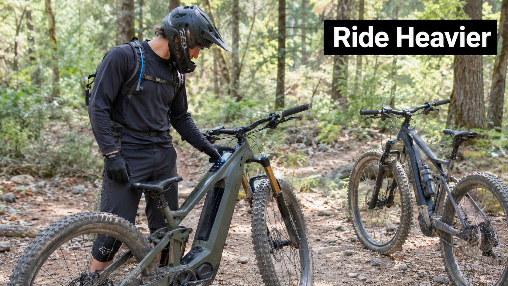 A mountain biker in full gear checking the electronic display on his e-mountain bike in a forest.