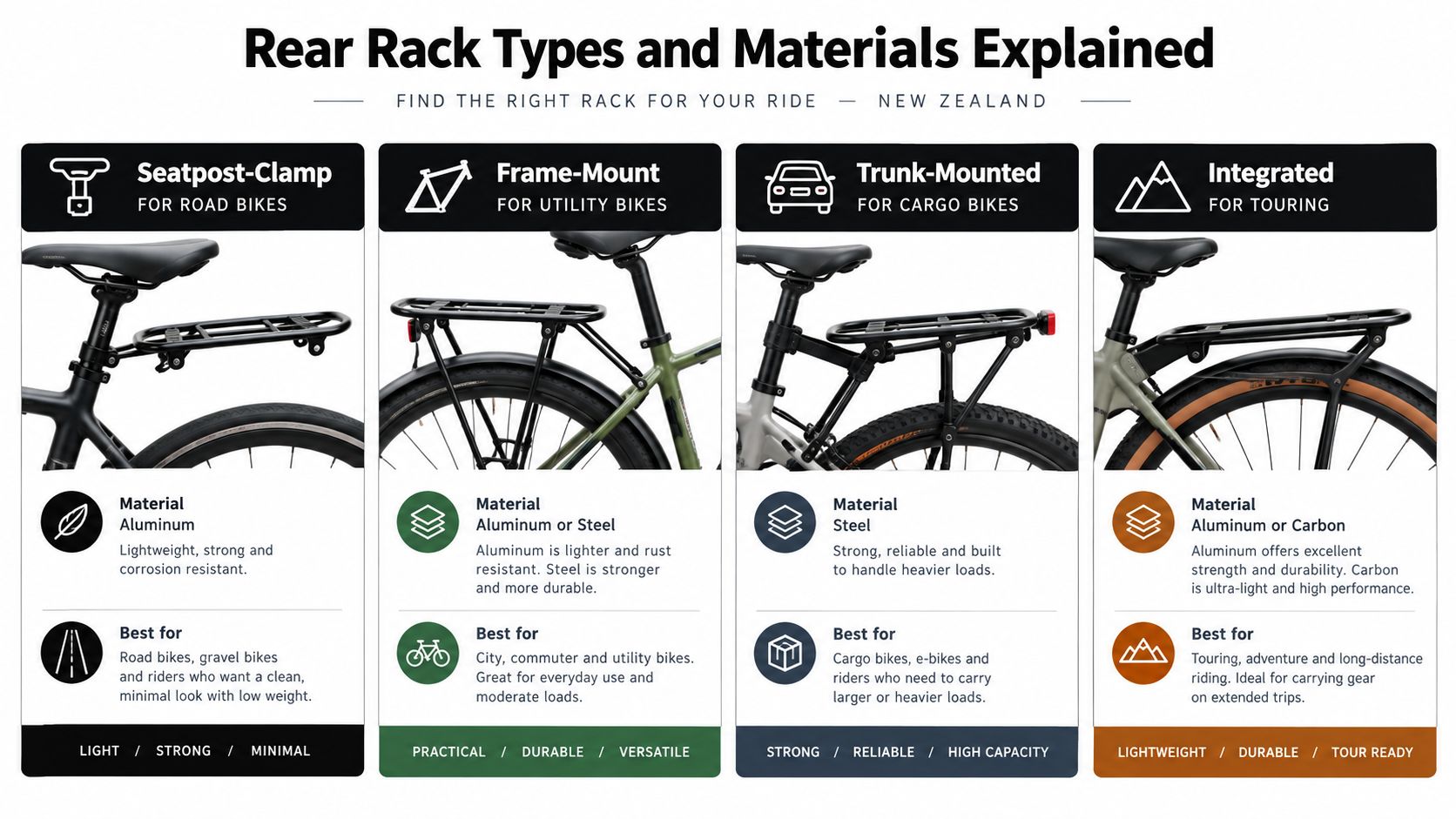 An infographic showing four different types of rear bike racks, their materials, and ideal use cases.