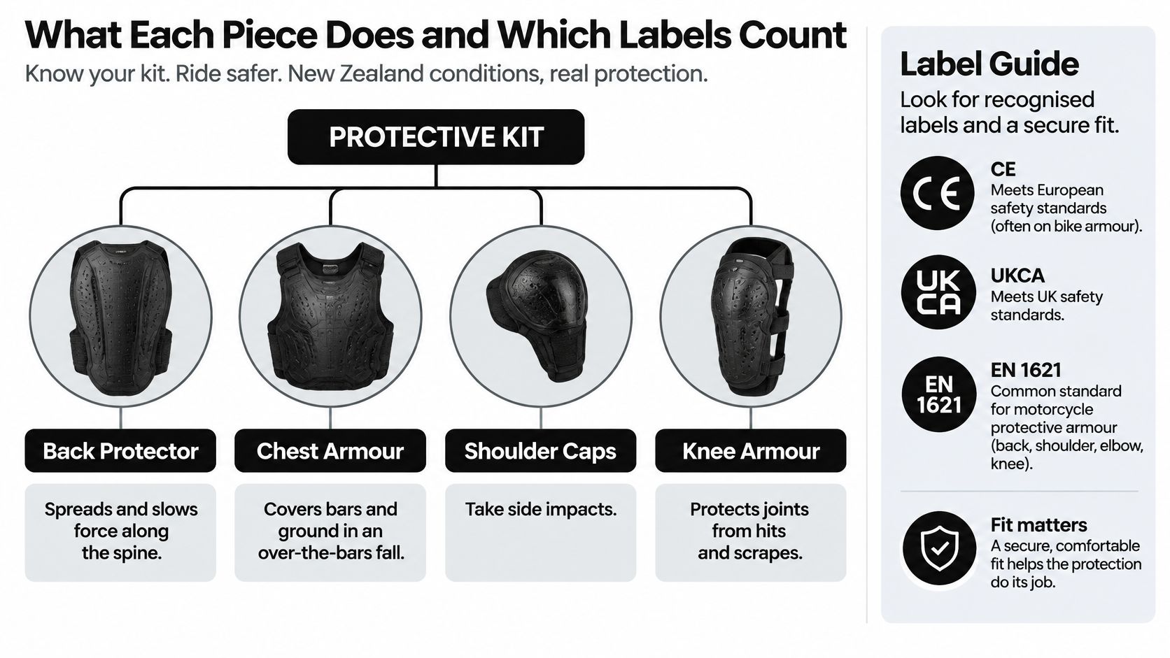 An infographic detailing protective MTB body armour types and safety label standards for New Zealand riders.