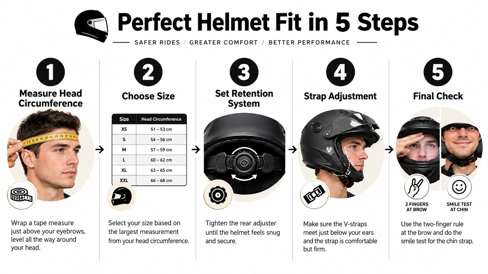 A 5-step infographic guide explaining how to properly measure, fit, and adjust a motorcycle helmet.