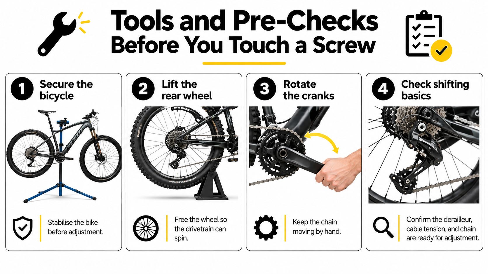 A step-by-step infographic showing how to stabilize and prepare a bicycle for derailleur adjustment.