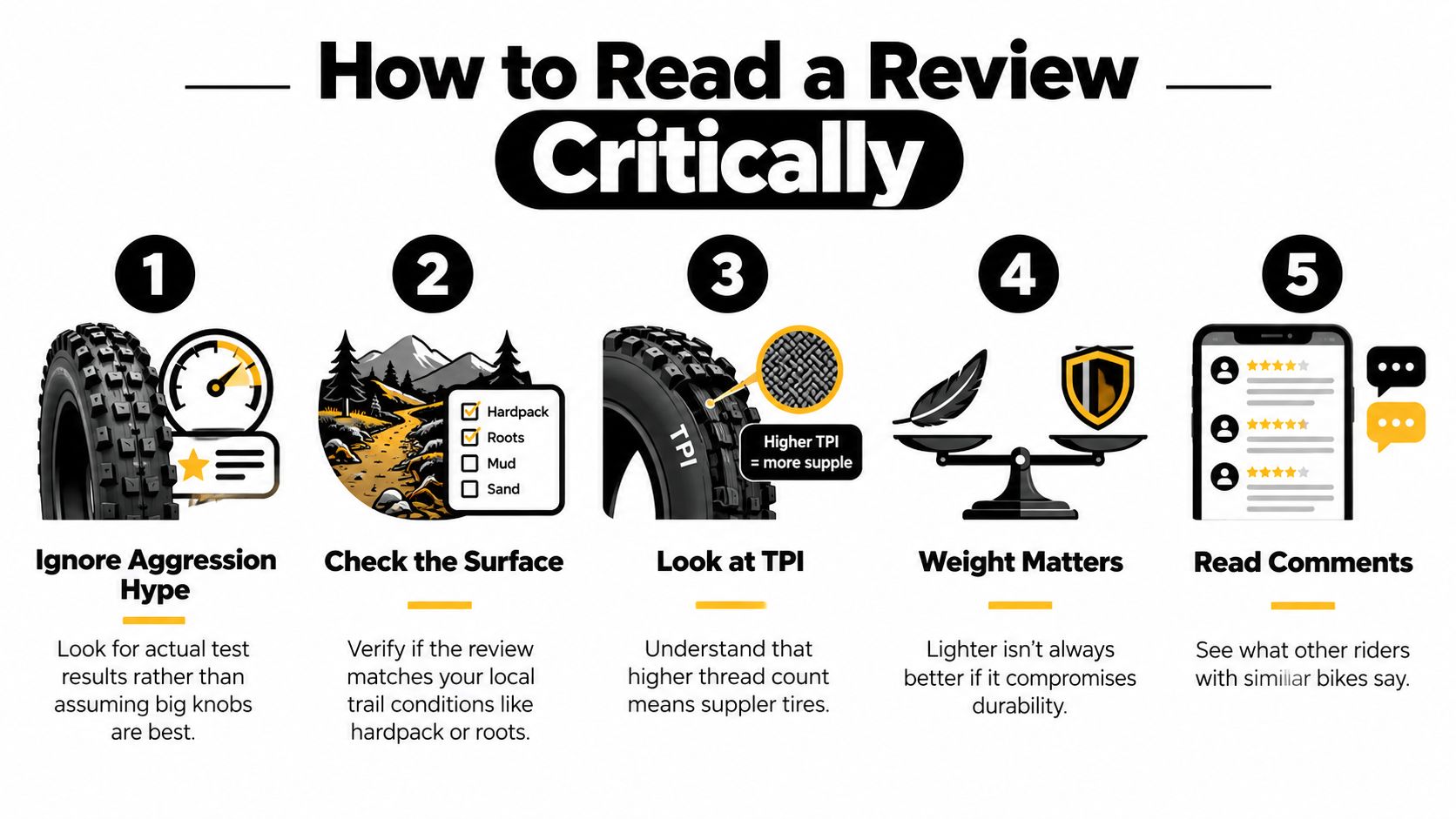 An infographic titled How to Read a Review Critically showing five tips for selecting mountain bike tires.