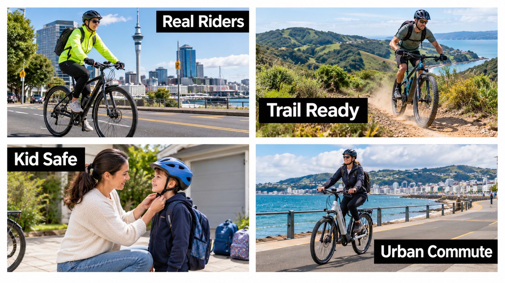 A collage showing diverse cyclists wearing helmets in urban and trail environments with a parent securing a child helmet.