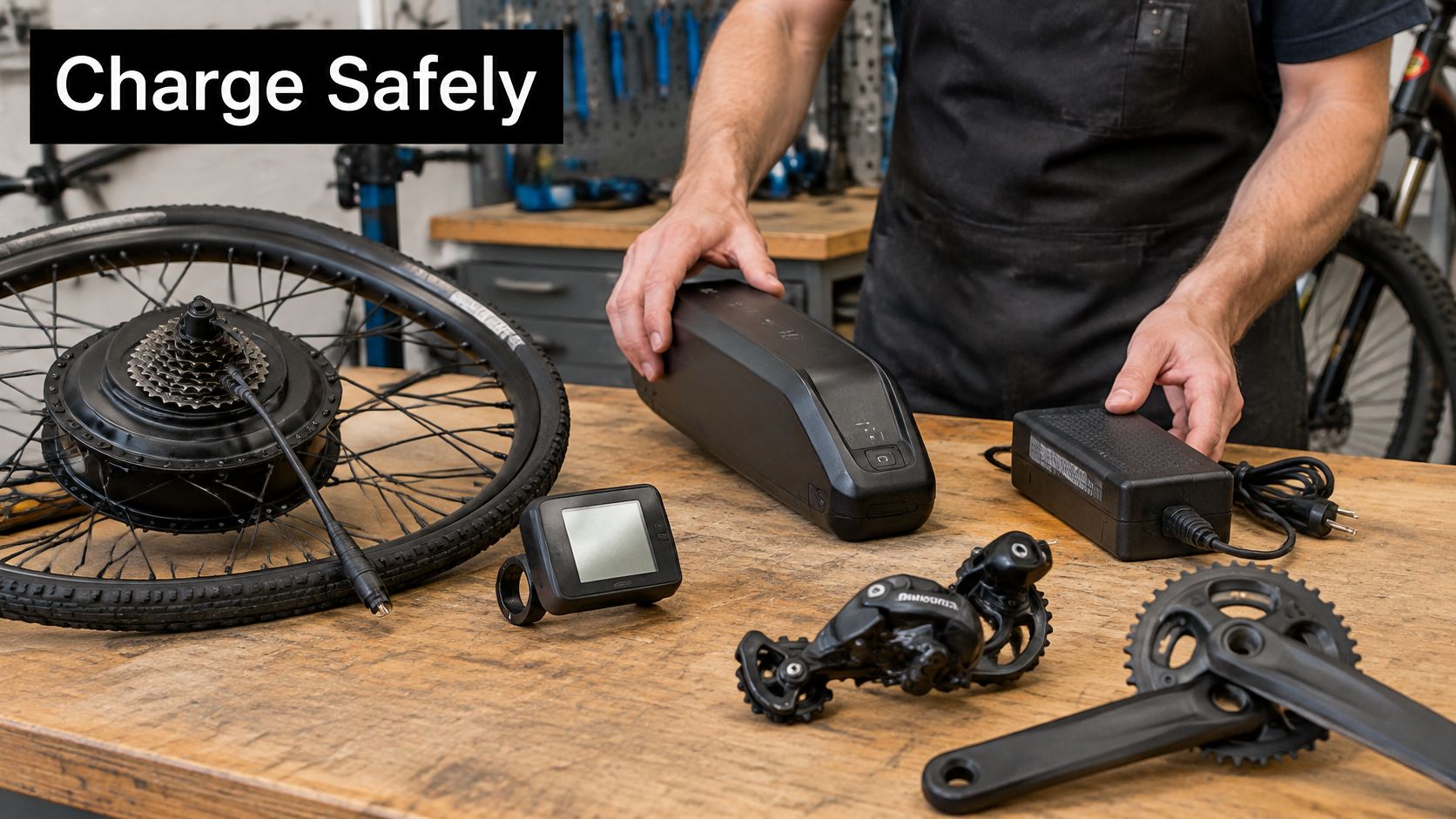 A technician working on a wooden workbench with various disassembled electric mountain bike components and accessories.