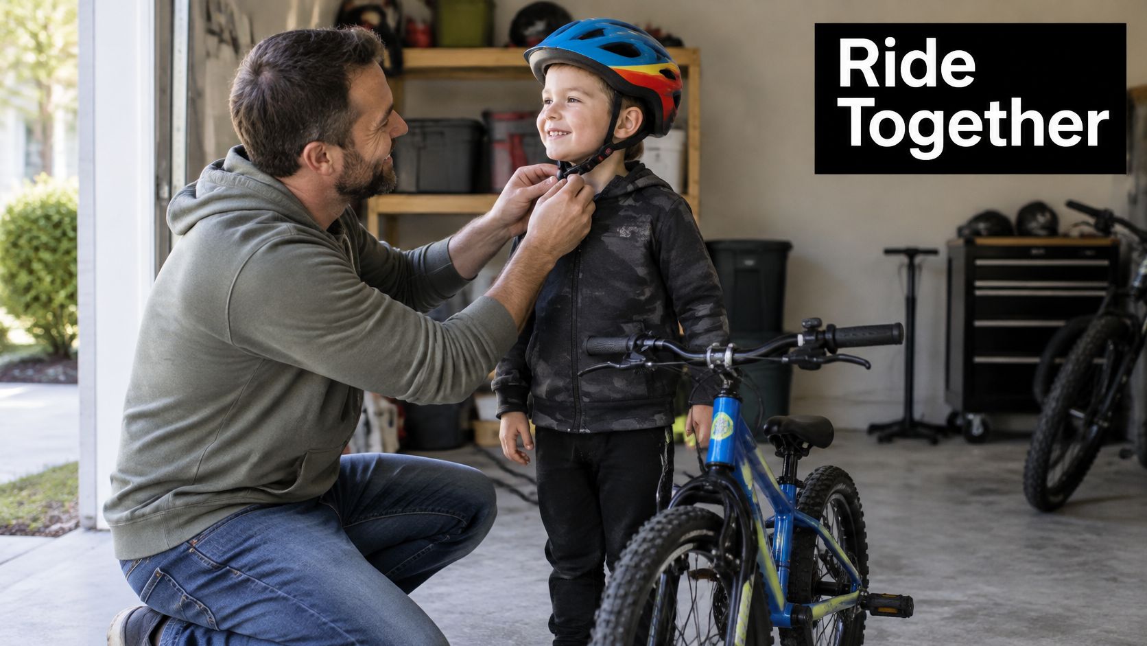 A father kneeling in a garage, helping his young son fasten his colorful bicycle safety helmet.
